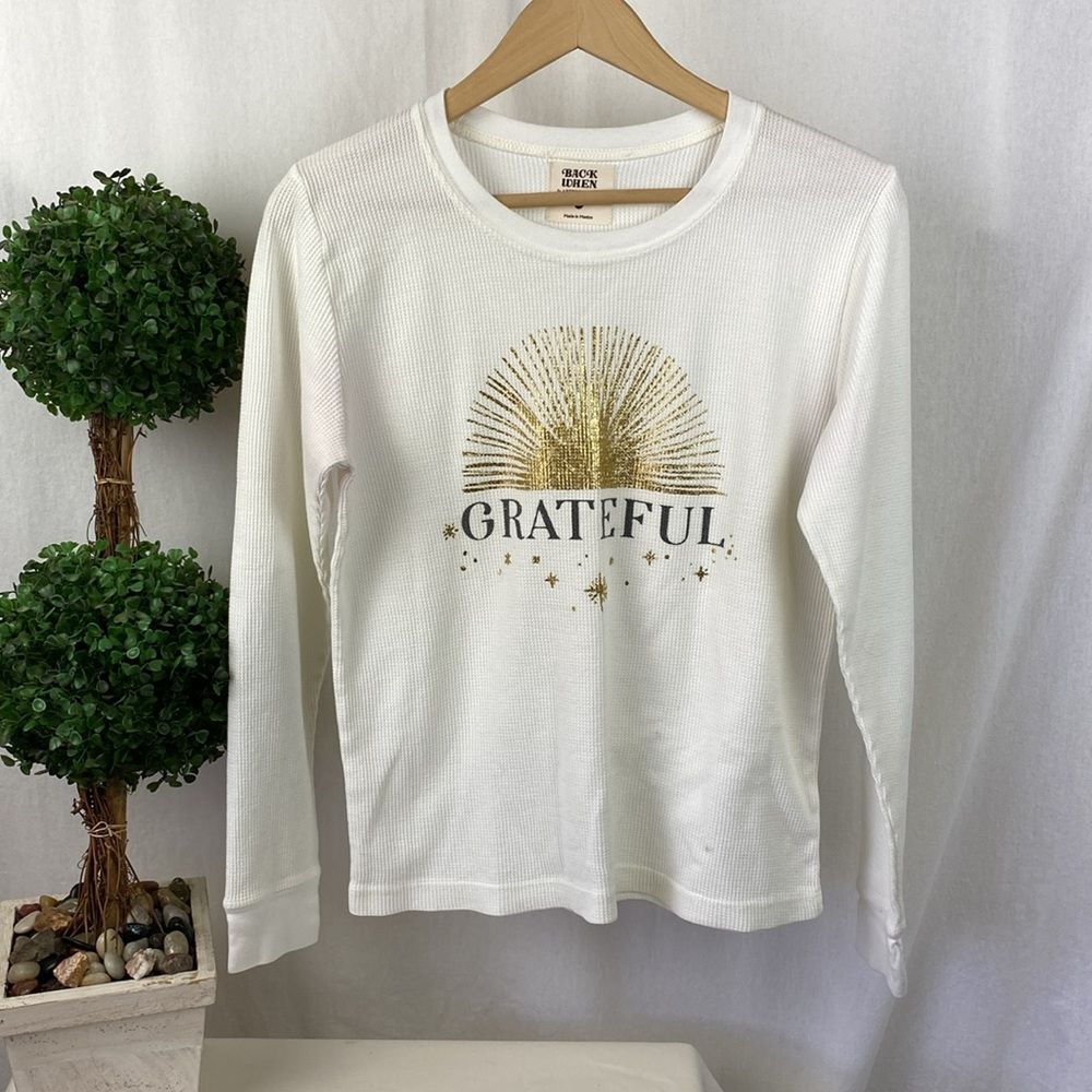 Anthropologie Back When White Long‎ Sleeve Waffle Weave Graphic Grateful Tee S